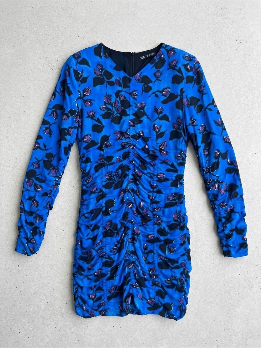 ZARA Blue Flowered Mini Dress Ruched S - Picture 2 of 6